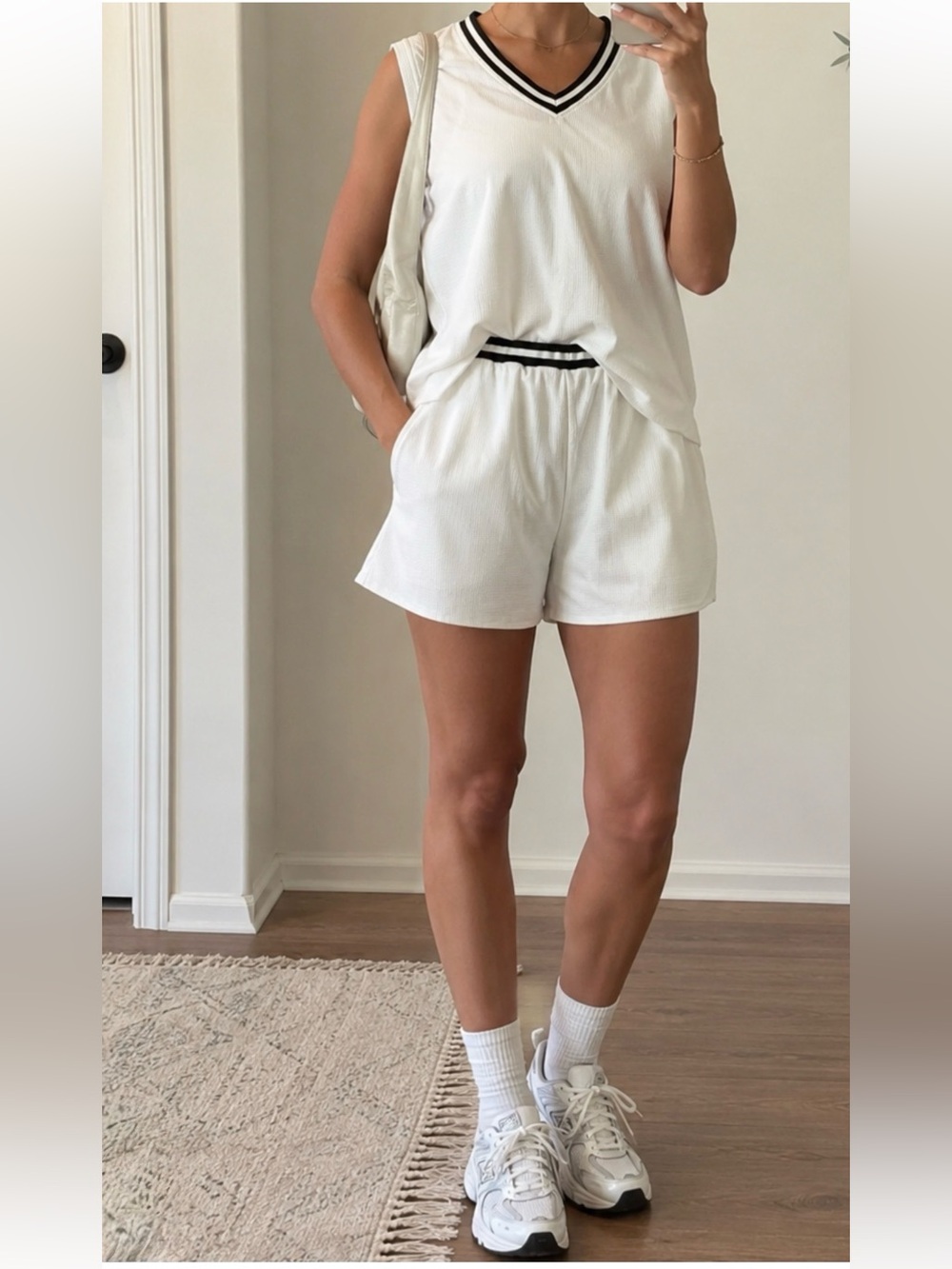 White Athletic Lounge Shorts with Black-Trim Waistband